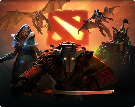 Dota 2-personages poseren voor het logo van de game, omringd door magische effecten, en presenteren zo iconische helden in een gestileerde promotie-illustratie.