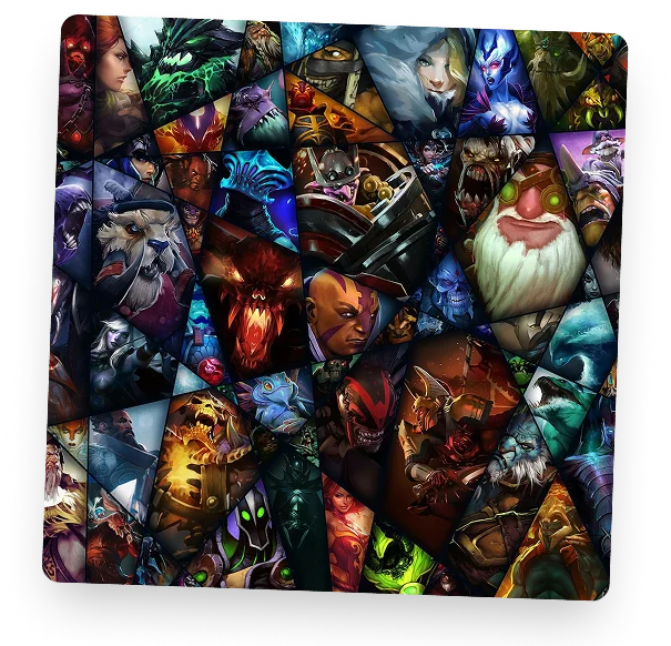 Een collage van Dota 2-helden met diverse fantasiefiguren, gekenmerkt door levendige kleuren en gedetailleerde illustraties uit de populaire MOBA-game.