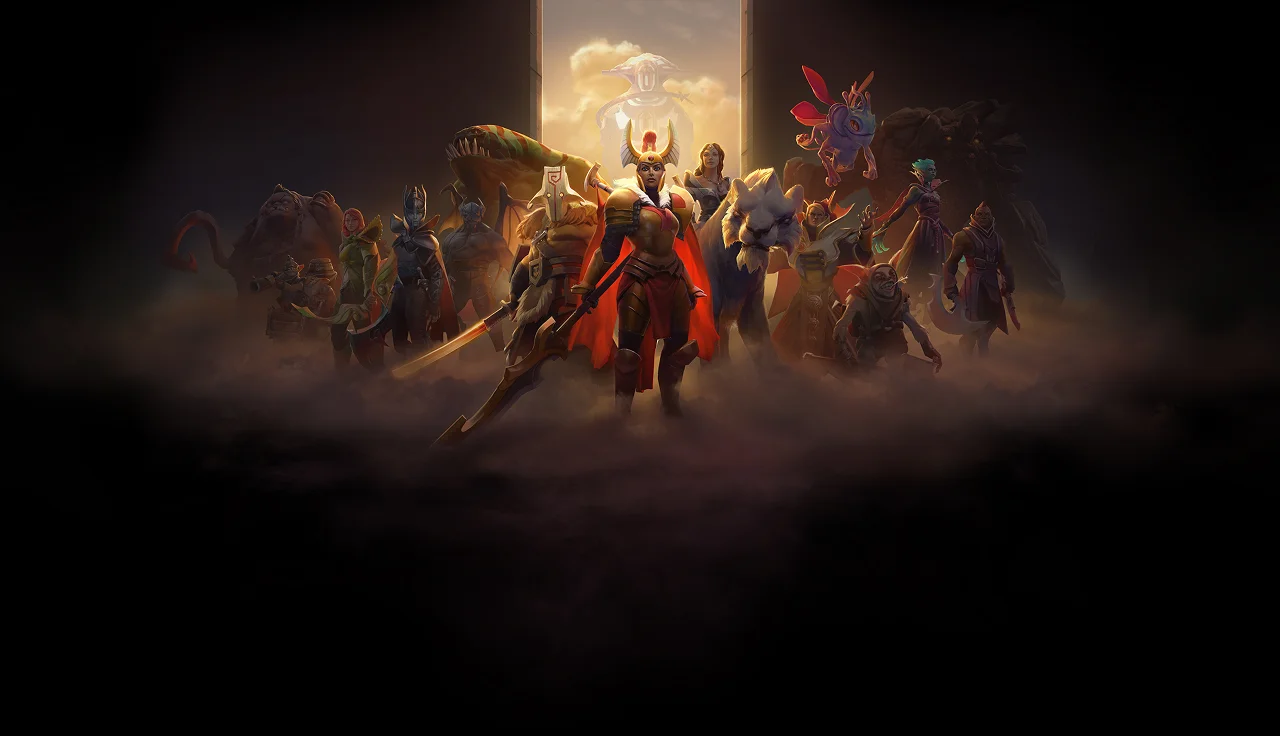 Een epische Dota 2-teamposter met verschillende helden die samen staan in een dramatische, stralende omgeving met fantasiewezens.