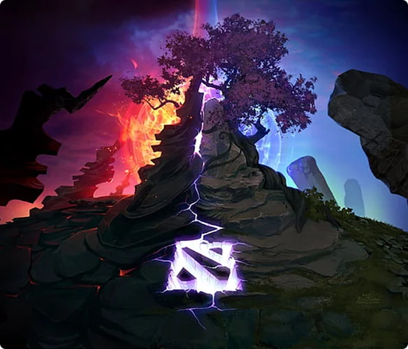 Het Dota 2-logo, geplaatst in een indrukwekkend fantasielandschap met lichtgevende effecten, rotswanden en een mystieke boom in een filmische omgeving.
