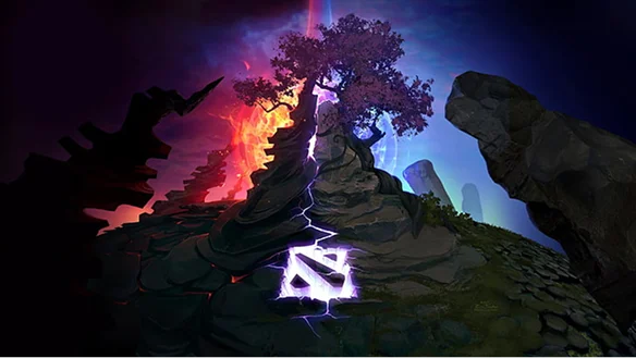 Het Dota 2-logo, geplaatst in een indrukwekkend fantasielandschap met lichtgevende effecten, rotswanden en een mystieke boom in een filmische omgeving.